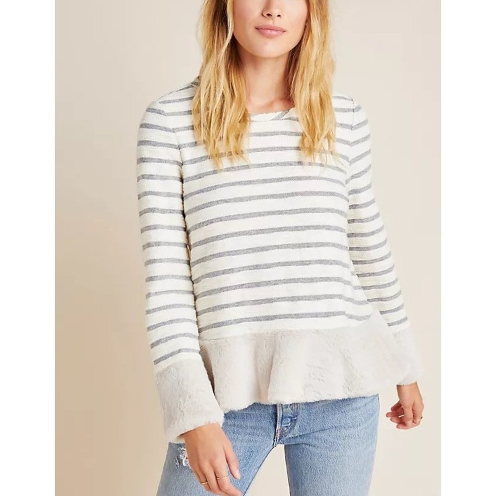 Anthropologie Maeve‎ Astor Fur-Trimmed Striped Pullover Sweater M White/Gray NWT - Picture 11 of 12